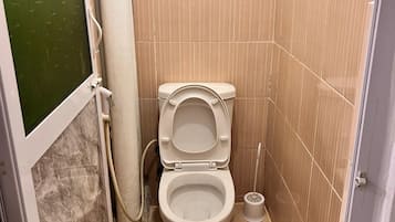 Shower, towels, soap, toilet paper