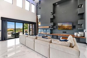 Smart TV, fireplace, books