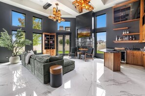 Smart TV, fireplace, books