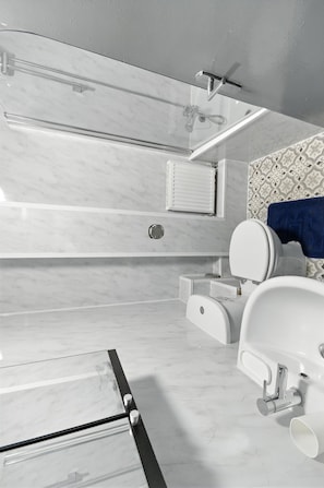 Hair dryer, towels, toilet paper