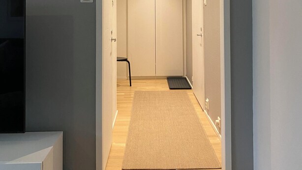 Een hal met een houten vloer, een vloerkleed, een stoel en een gesloten deur aan het einde.