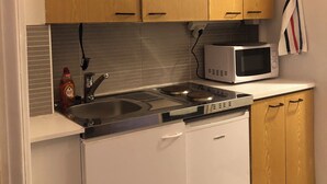 Cocina compacta con armarios de madera, un lavamanos de acero inoxidable, un lavavajillas blanco y un microondas.