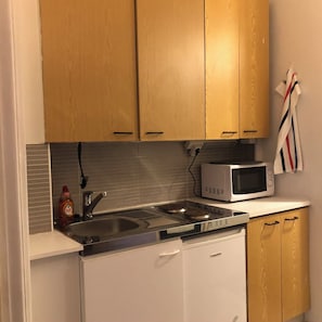 Fridge, microwave, stovetop, coffee/tea maker