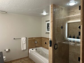 Shower, towels, soap, toilet paper