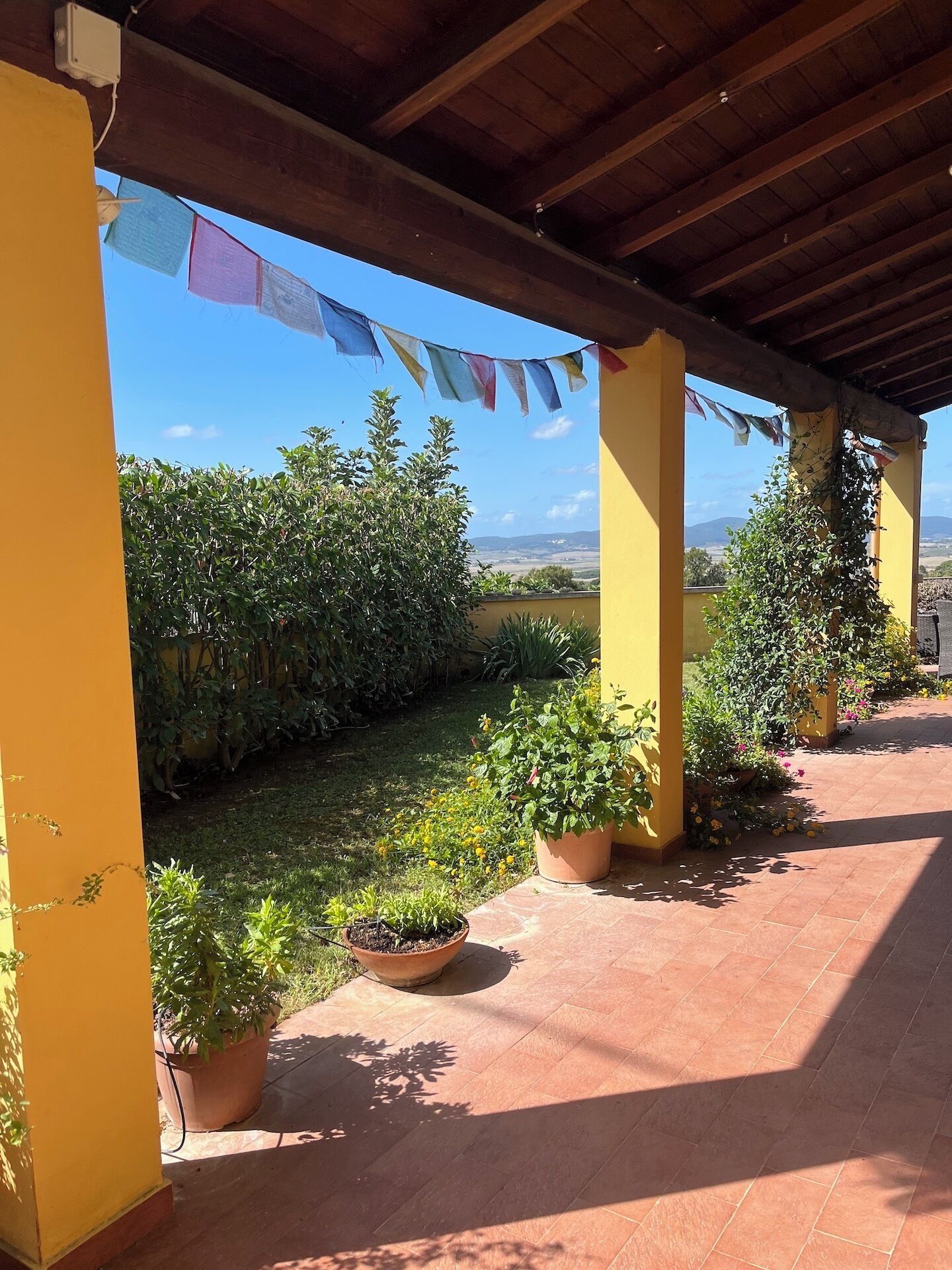 A covered patio area with yellow pillars, potted plants, and a view of a green landscape.