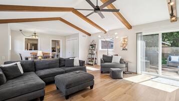 Smart TV, fireplace, DVD player, music library