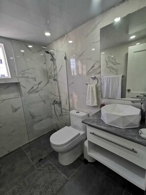 Hair dryer, towels, soap, toilet paper