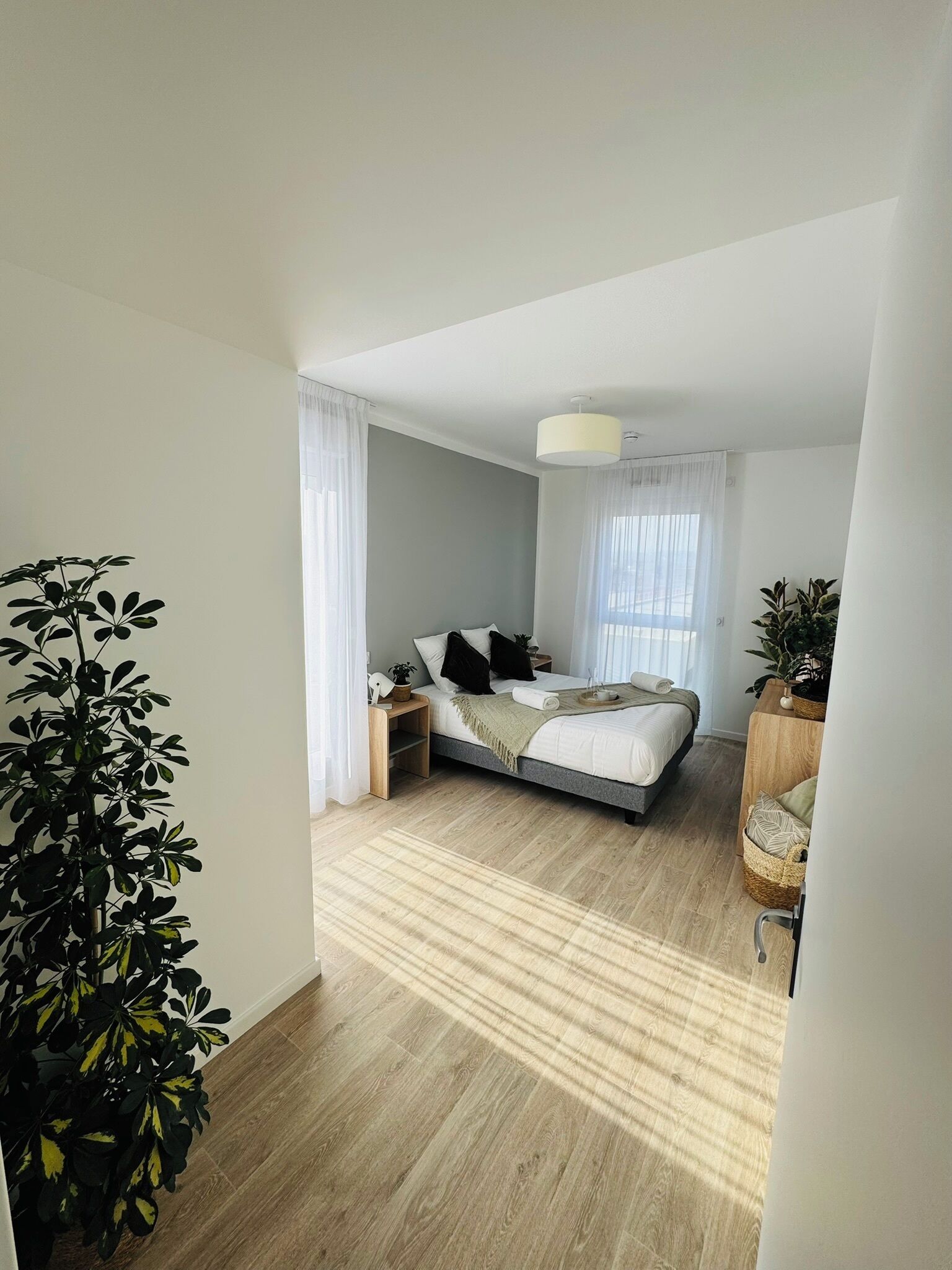 A modern bedroom with a bed, bedside tables, and a large potted plant.