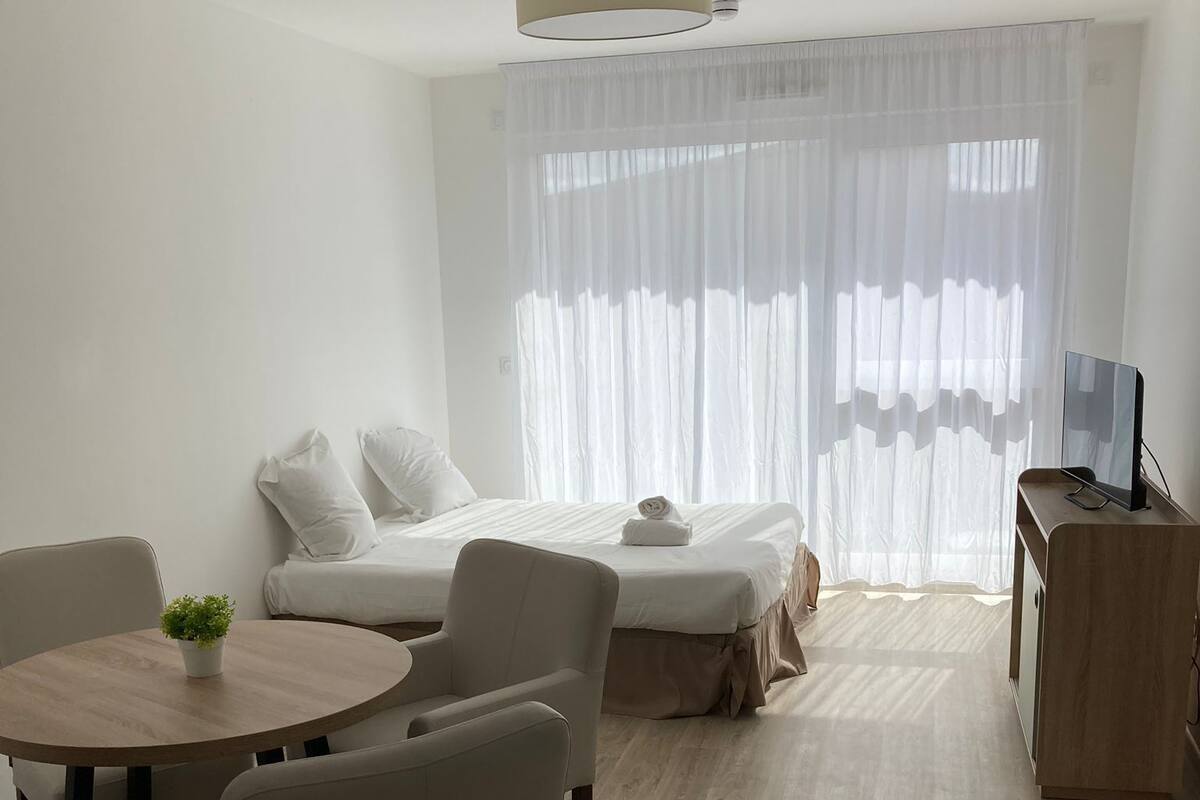 Een moderne hotelkamer met een bed, een bureau, een stoel, een ronde tafel en een potplant.