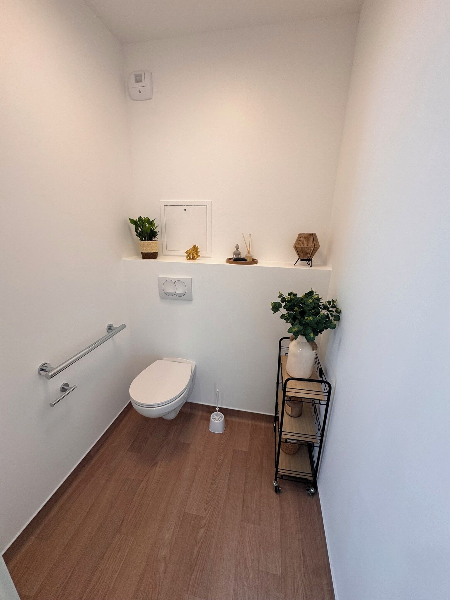 A small, modern bathroom with a toilet, a handrail, a shelf with plants, and a small shelf with decorative items.