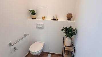 Bany petit i modern amb vàter, barana, prestatge amb plantes i petit prestatge amb objectes decoratius.