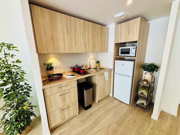 Basic Apartment, Balcony | Private kitchen | Fridge, stovetop