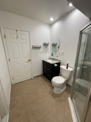 Hair dryer, towels, soap, toilet paper