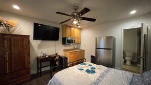 A bedroom with a bed, a desk, a television, a ceiling fan, a microwave, a refrigerator, and a bathroom. - Charming studio & kitchenette in wonderful Palm Harbor with AC & laundry access (Palm Harbor)