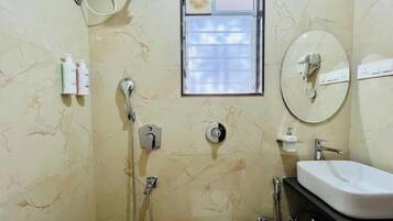 Hair dryer, towels, soap, toilet paper