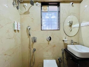 Hair dryer, towels, soap, toilet paper