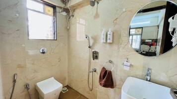 Hair dryer, towels, soap, toilet paper