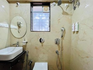 Hair dryer, towels, soap, toilet paper