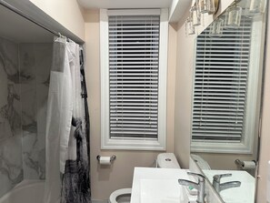 Hair dryer, towels, toilet paper