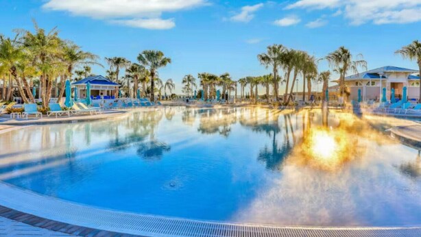 Une piscine avec des chaises longues et des palmiers.