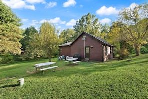 A rustic cabin with a red exterior, surrounded by a well-maintained lawn and trees. There are picnic tables and a barbecue grill in the yard. - Patoka Lake, Stones Throw Cabin (Birdseye)
