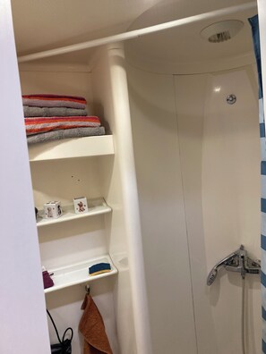 Dusch, hårtork, handdukar och toalettpapper