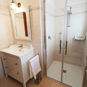 Shower, hair dryer, bidet, towels