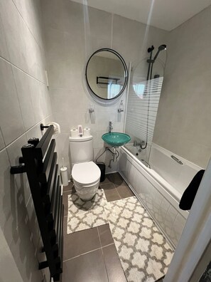 Hair dryer, towels, soap, toilet paper