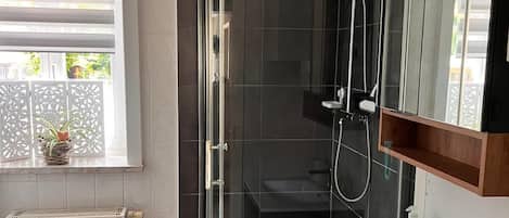 シャワー、ヘアドライヤー、タオル、トイレットペーパー