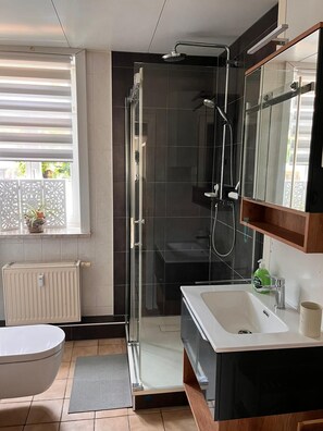 Shower, hair dryer, towels, toilet paper
