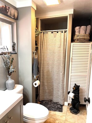 Dusche, Haartrockner, Handtücher, Seife