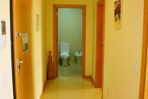 Hair dryer, bidet, towels, soap
