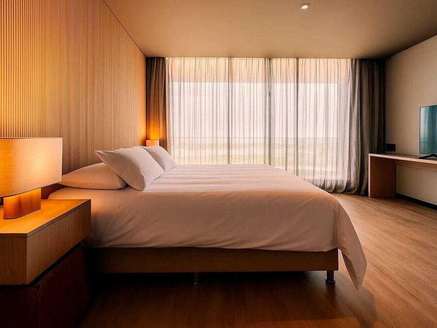 Een moderne hotelkamer met een groot bed, een nachtkastje met een lamp, een televisie op een standaard en dunne gordijnen.