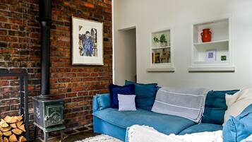 TV, fireplace, books