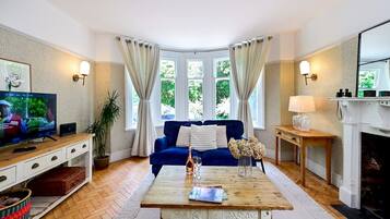 TV, fireplace, books