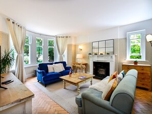 TV, fireplace, books