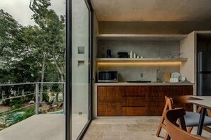 Fridge, microwave, stovetop, coffee/tea maker