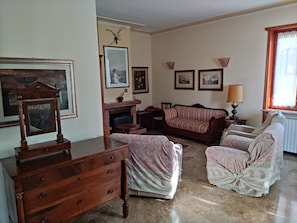 TV, fireplace, books