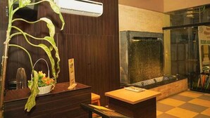 Een receptiegedeelte met een receptiebalie, een wandairconditioner, een decoratieve plant, een zithoek en een grote stenen muur met een waterpartij.