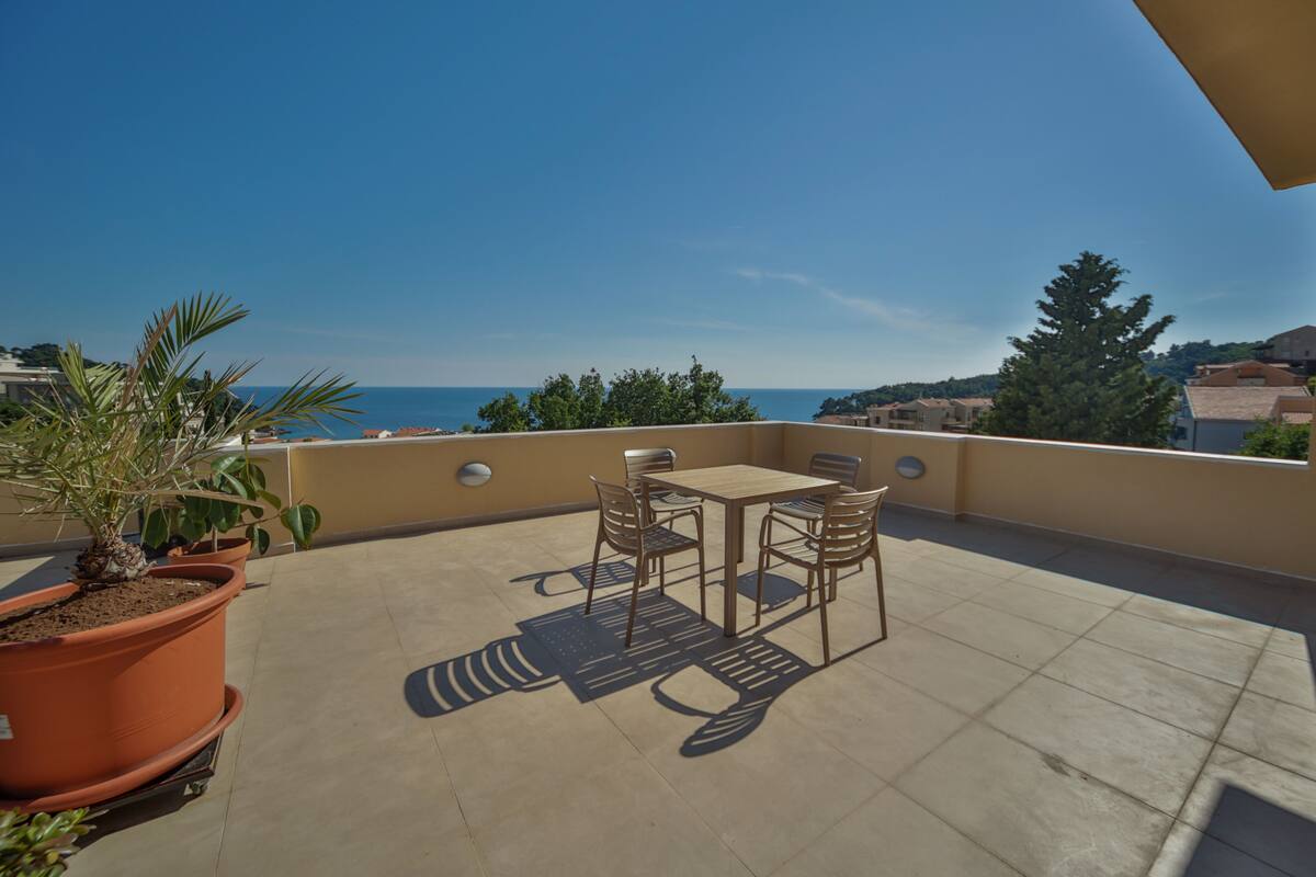A terrace with a table and chairs, potted plants, and a view of the sea.