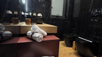 Hair dryer, towels, soap, toilet paper