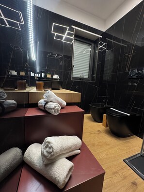 Haartrockner, Handtücher, Seife, Toilettenpapier