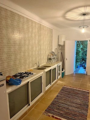 Fridge, stovetop, dishwasher, coffee/tea maker