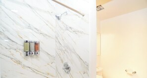 Hair dryer, towels, soap, shampoo