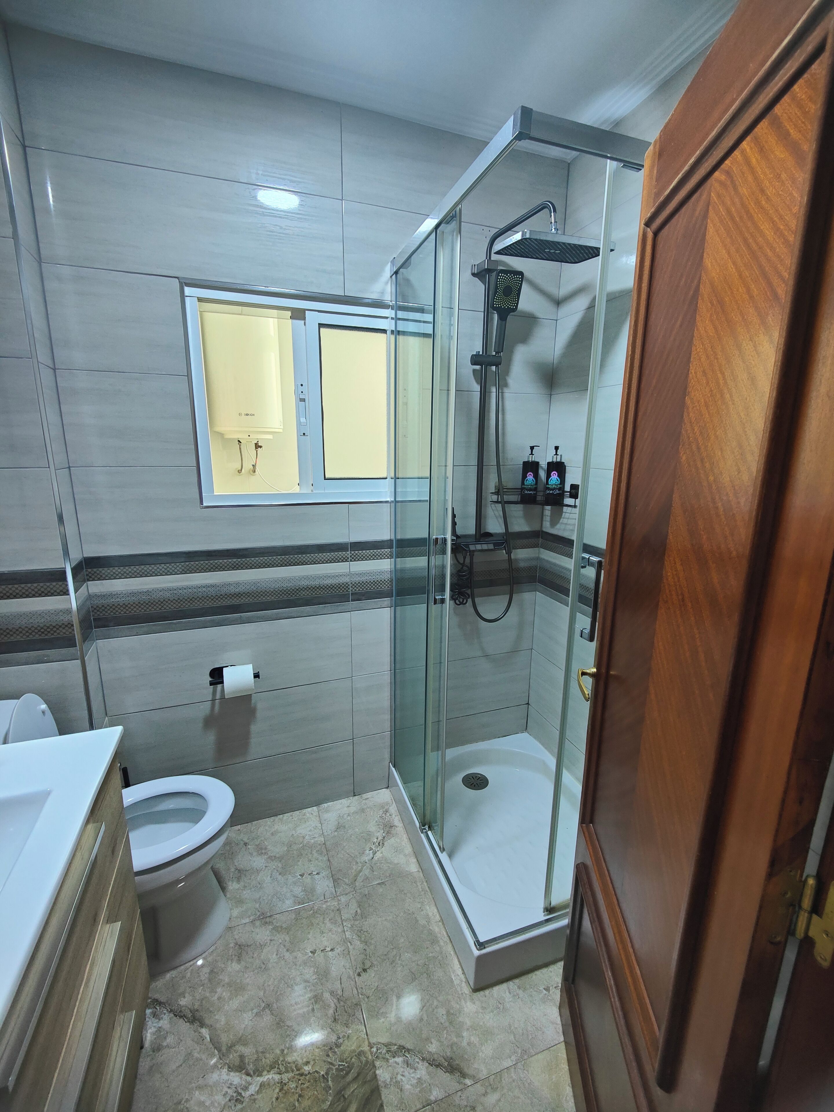 Hair dryer, bidet, towels, soap
