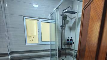 Hair dryer, bidet, towels, soap