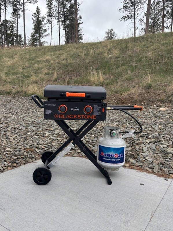 A portable grill with a propane tank on a concrete surface.