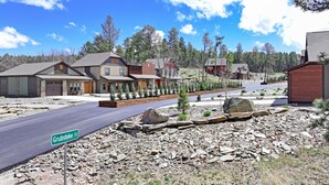 Un quartier résidentiel avec des maisons, une rue appelée Grubstake Ct. et un paysage rocheux.