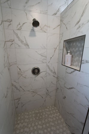 Shower, towels, soap, toilet paper