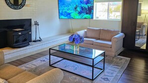 A living room with a fireplace, a television mounted on the wall, a glass coffee table with a vase of flowers, and a sofa. - Delightful 2-bedroom occuan view cottage , 5 minutes walk to the beach (Bodega Bay)